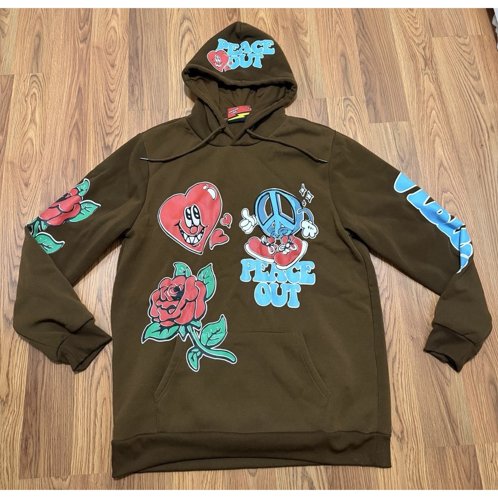 Riot Empire Peace Out Hoodie Mens XL Brown Y2K Heart Rose Graphic